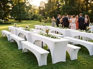 Bierzeltgarnitur mit weißen Hussen bei einer Hochzeit