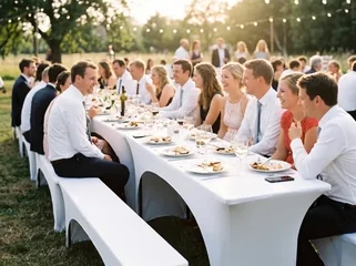 Bierzeltgarnitur mit weißen Hussen bei einer Hochzeit
