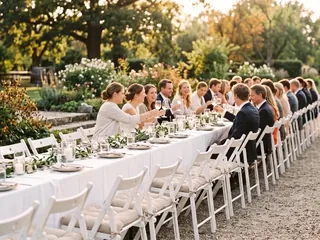 Weiße Holzstühle mit beigen Sitzkissen an einer Hochzeitstafel im Garten