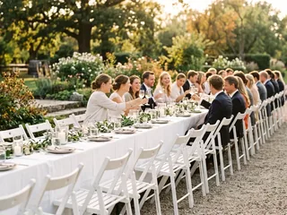 Weiße Holzstühle an einer langen Hochzeitstafel im Garten