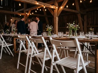 Weiße Holzstühle an gedeckter Tafel in einer Scheune