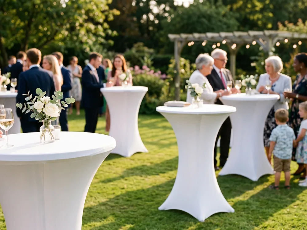 Stehtische mit weißen Hussen beim Sektempfang im Garten bei goldenem Abendlicht