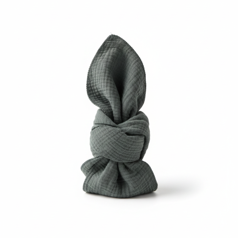 Musselin-Servietten für Hochzeiten Gefaltete Musselin-Serviette in dunklem Grünton zur Miete für Hochzeiten und festliche Tischdekoration