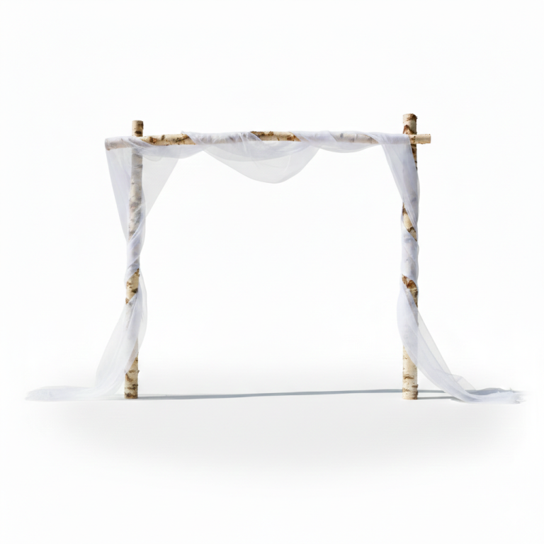 Rustikaler Traubogen aus Birkenholz mit weißem Stoff, ideal für freie Trauungen und Hochzeiten