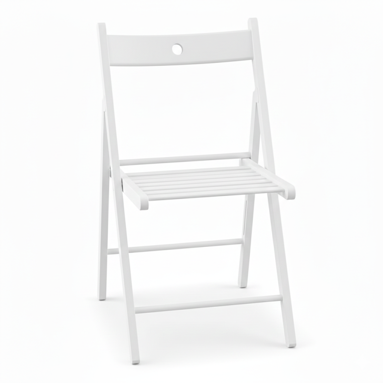 Weißer Holzklappstuhl zur Miete für Hochzeiten und freie Trauungen – ideal für elegante Sitzreihen im Innen- und Außenbereich